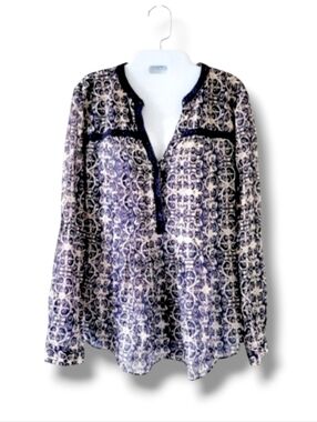 Maeve | Anthro | EUC Boho Blue/Ivory Floral Embroidered Trim Longsleeve Top
